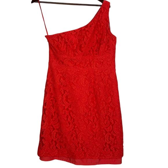 J. Crew Alexa One Shoulder Style Texture Laced Mini Dress Back Slit 12 Poppy Red - Picture 14 of 16